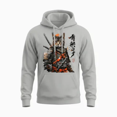 Japanese Samurai Ninja Cat Japanese Style Cat Unisex Hoodie - Ash