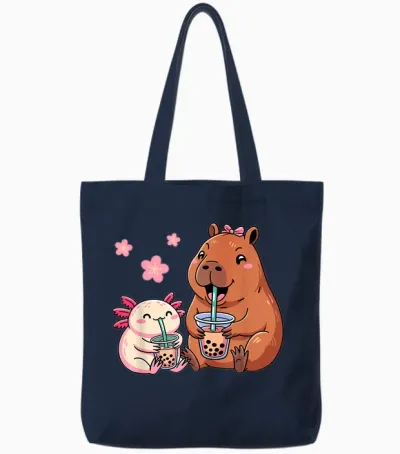 Axolotl and Capybara Drinking Bubble Tea Kawaii Girls' Children's Tote Bags - Navy