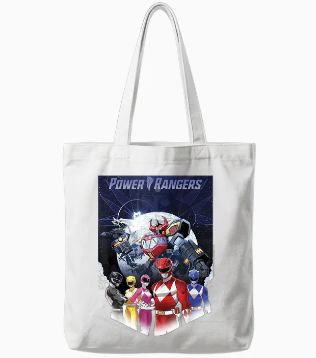 Power Rangers Fade Portrait Megazord Poster T-Shirt, Black, S Tote Bags in White