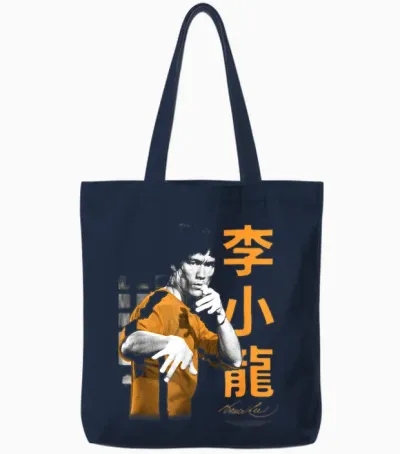 Bruce Lee Iconic Fight Pose Yellow Text Retro Martial Arts T-Shirt, Black, S Tote Bags - Navy