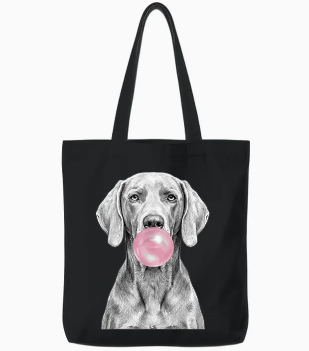 Chien Braque De Weimar Soufflant Bubble Gum Funny Canine Tote Bags in Black
