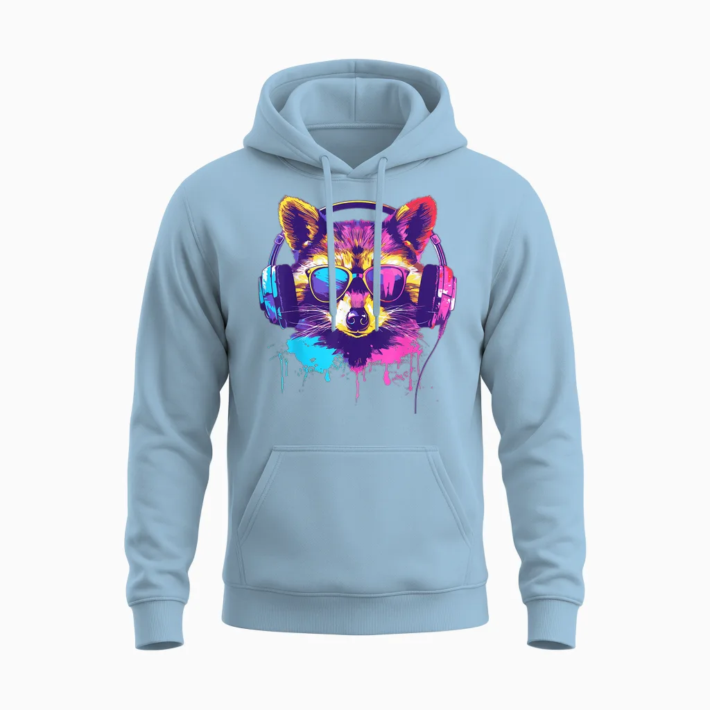 Dj Raccoon Outfit for Music Raccoon Techno Raccoon T-Shirt, Black Unisex Hoodie in Light Blue