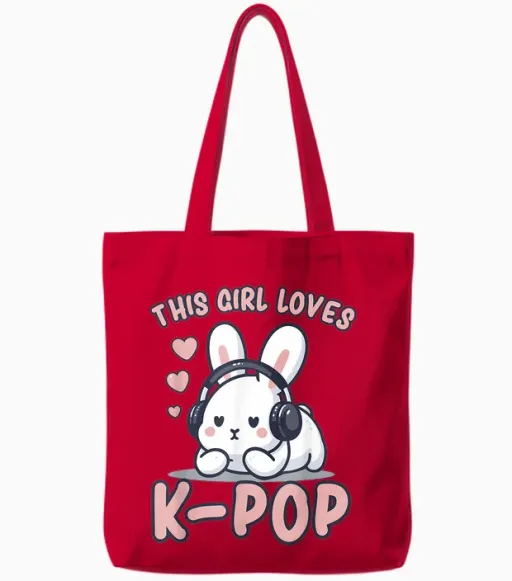 K-Pop | This Girl Loves K-Pop | Rabbit K-Pop for Girls T-Shirt, Black Tote Bags in Red