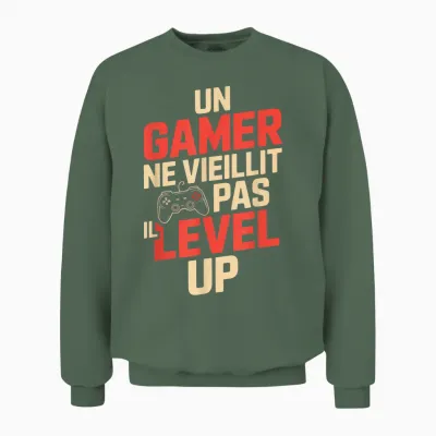 Geek Man Humour Gamer Gift Idea Funny Gaming Level Up Unisex Sweatshirt - Military Green
