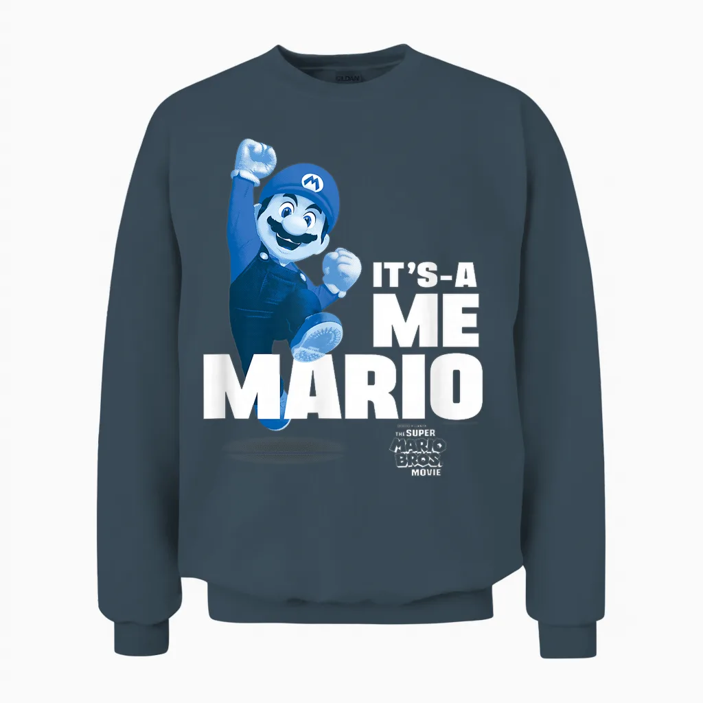 The Super Mario Bros. Movie It's-A Me Mario Portrait T-Shirt, Blue Unisex Sweatshirt in Dark Heather