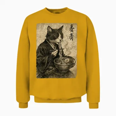 Cat Samurai Vintage Ramen Japanese Retro Art Anime Aesthetic Unisex Sweatshirt - Gold