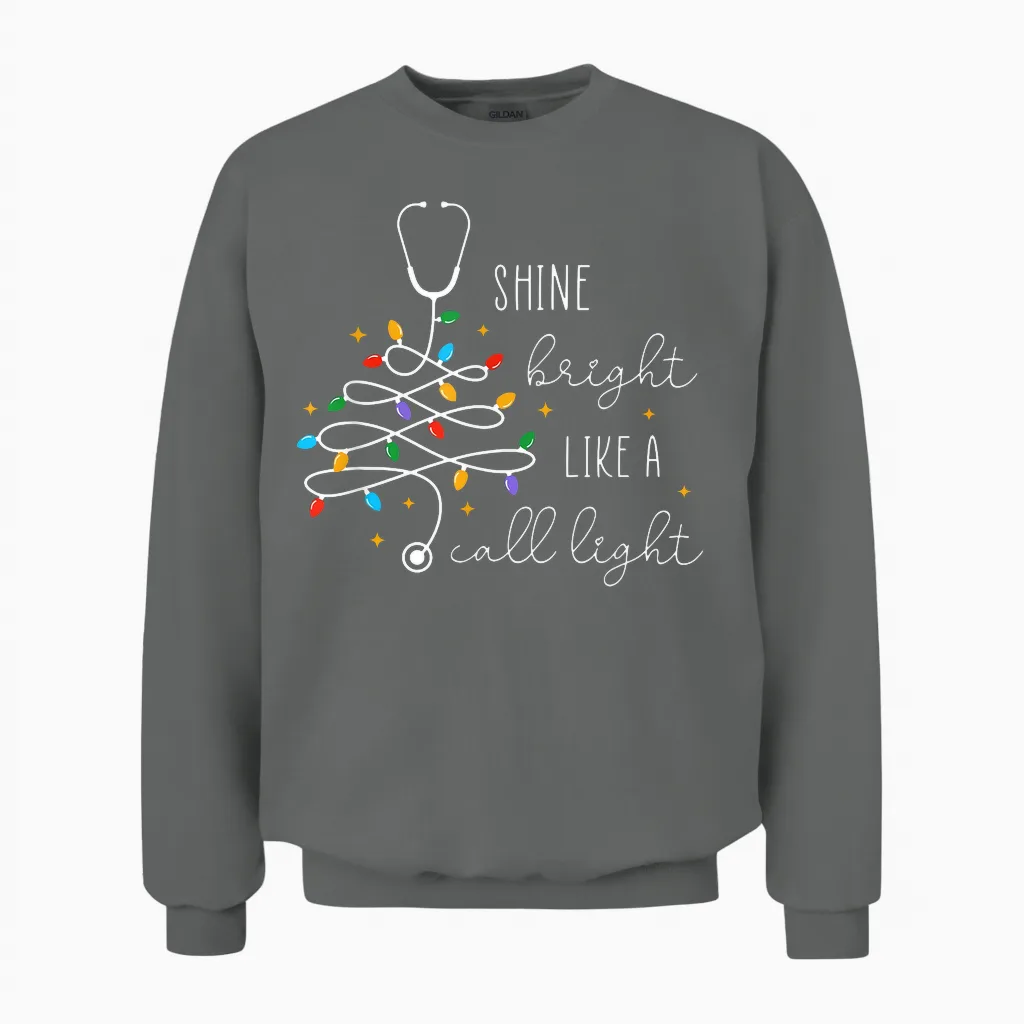 Funny Shine Bright Like a Call Light Nurse Merry Christmas Unisex Sweatshirt in Graphite Heather