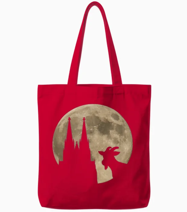Cologne, My Town! Geißbock with Cathedral and Moon. Cologne Pride T-Shirt, Black Tote Bags in Red