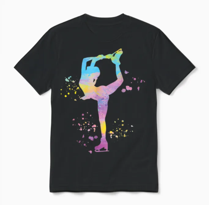 Iceskating Figure Skating Ice Dancing Accessoires Bunte Mädchen Eiskunstlauf Eislaufen T-Shirt Multicolored Crew Neck Halbarm Small Polyester 100% Klassisch Sportswear Mädchen Unisex T-Shirt in Black