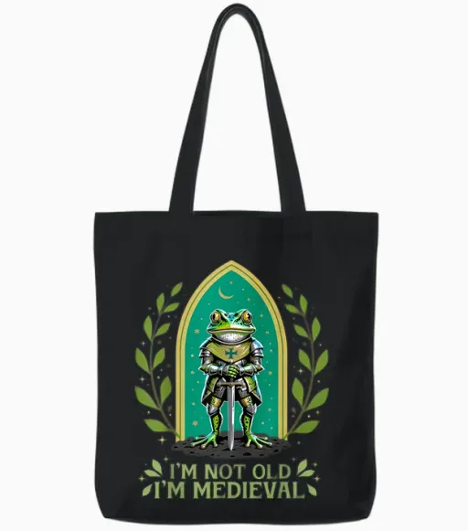 Im Not Old I'm Medieval Funny Frog Knight Fantasy Humour Tote Bags in Black