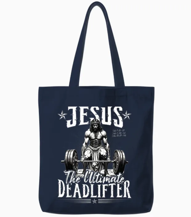 Jesus Der Ultimative Deadlifter Jesus Deadlifting Christian Tote Bags in Navy