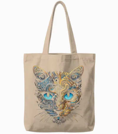 Cat Fantasy Blue Eyes Mandala Animal Art Cat T-Shirt, Black Tote Bags - Natural