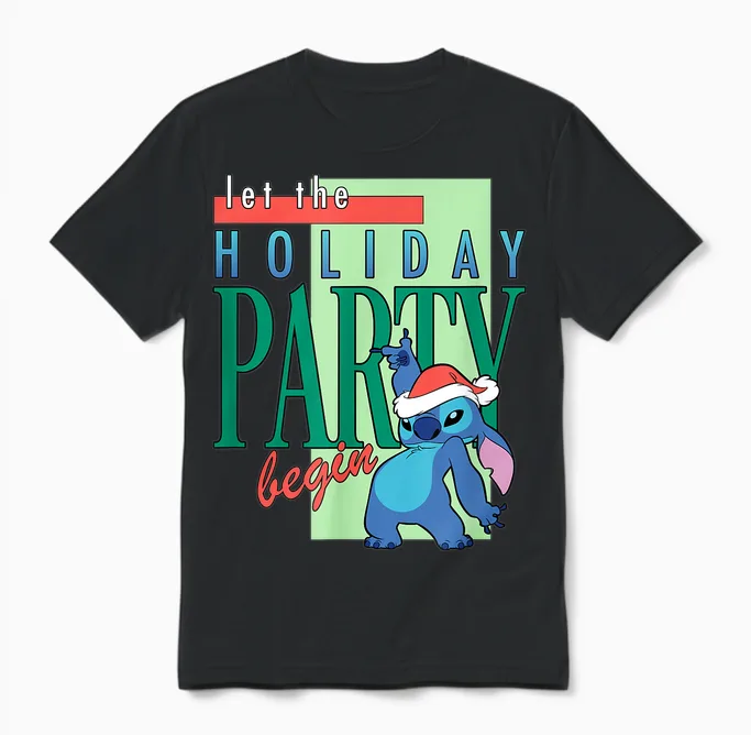 Amazon Essentials Stitch Santa Let the Holiday Party Begin Unisex T-Shirt in Black
