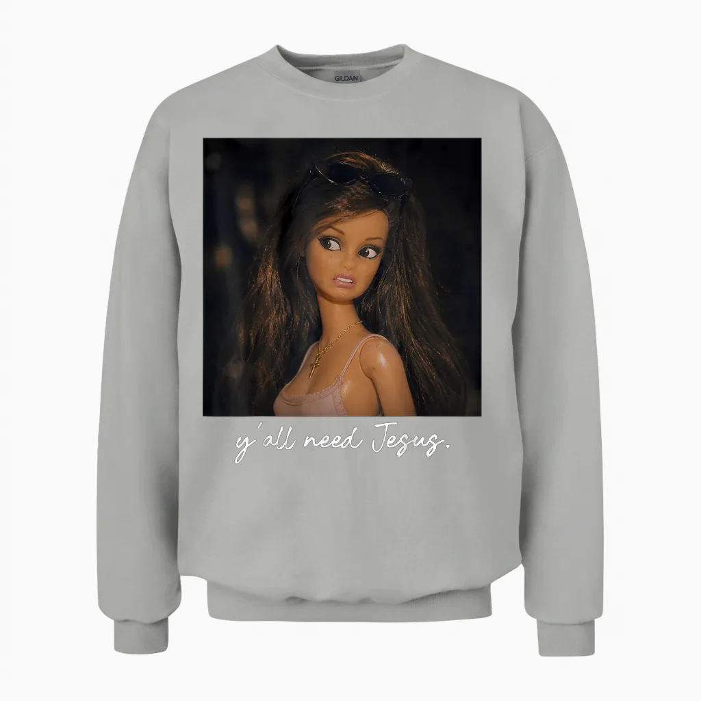 Ya'll Need Jesus Disgusted Face Christian Funny Unisex Sweatshirt in Ash