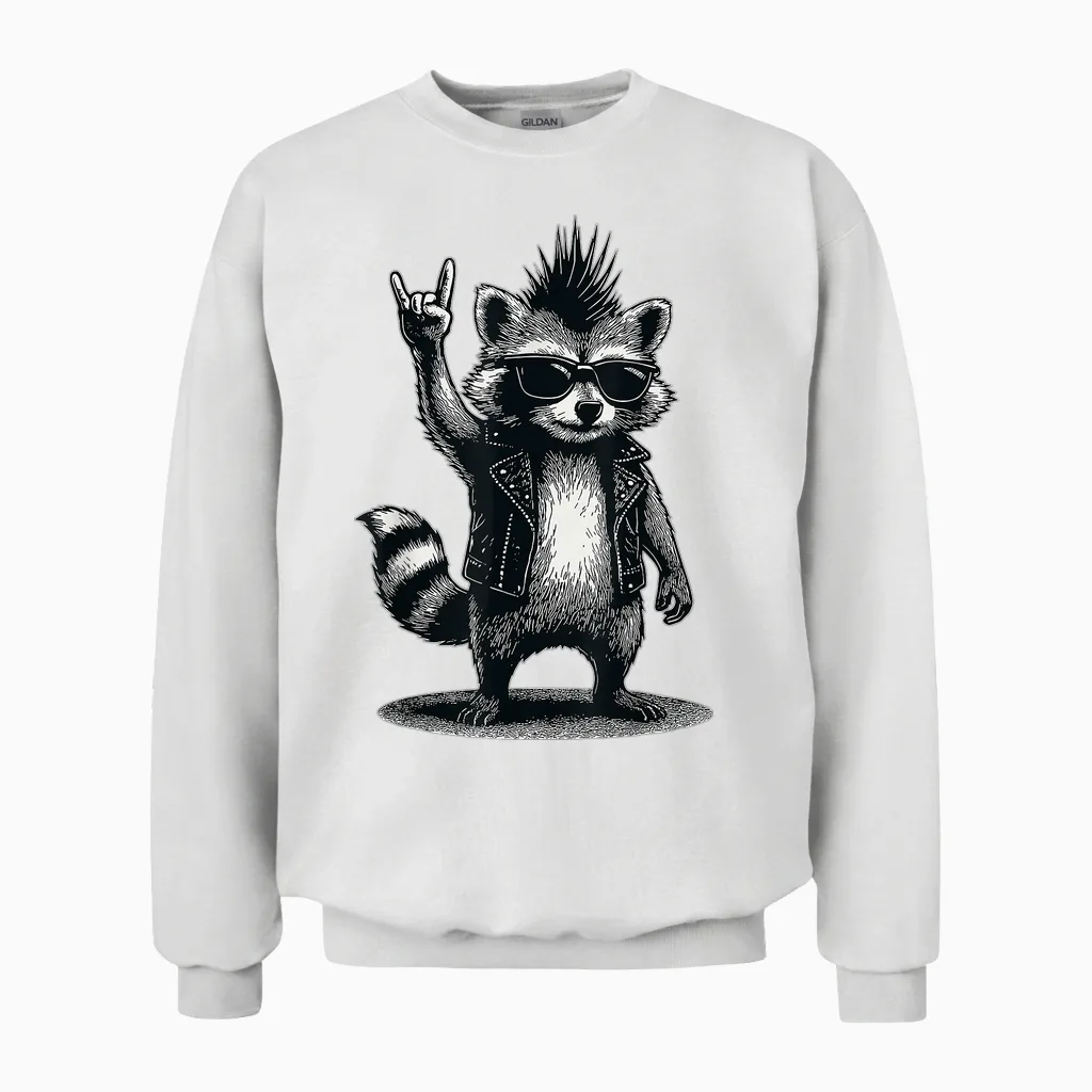 Funny Raccoon Retro Raccoon Rock Music Men Kids Women Unisex Sweatshirt in White