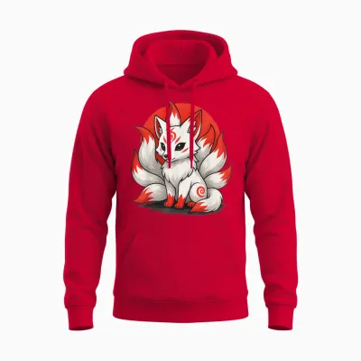 Kitsune Laughing Japanese Fox Nine-Tailed Anime Manga Unisex Hoodie - Red