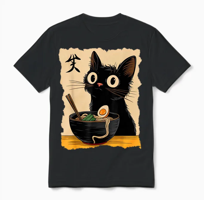 Black Cat Ramen Japanese Kawaii Anime Cat Ramen Unisex T-Shirt in Black