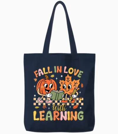 Retro Fall in Love with Learning Autumn Pumpkin Teacher Tote Bags - Navy