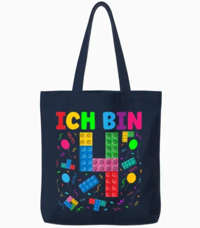 Children's T-Shirt with German Text "ich Bin 4 Building Blocks" 4th Birthday Boy Building Blocks, Black Tote Bags - Navy