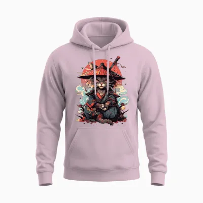 Japanese Retro Samurai Cat Tattoo Graphic Ninja Kawaii Long Sleeve, Black, S Unisex Hoodie - Light Pink