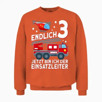 Children's Fireman T-Shirt with German Text "endlich 3 Jetzt Bin Ich Einsatzeiteiteiter" [, Black Unisex Sweatshirt - Orange