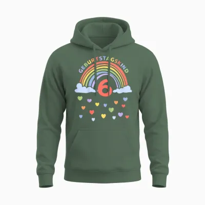 Children's 6 Years Sixth Birthday Rainbow T-Shirt, Black Unisex Hoodie - Military Green