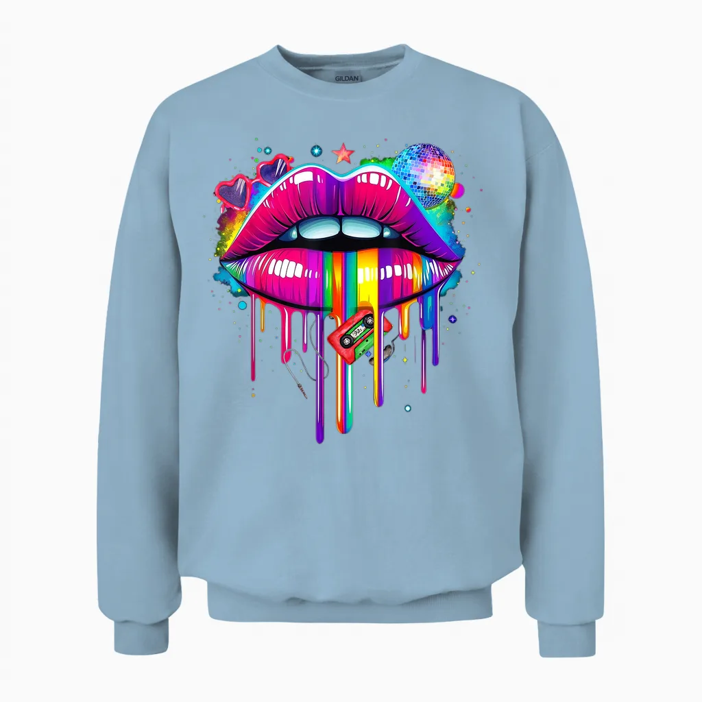 Colourful Lips Kissing Mouth Retro 80s Party Look Costume T-Shirt, Black, S Unisex Sweatshirt in Light Blue