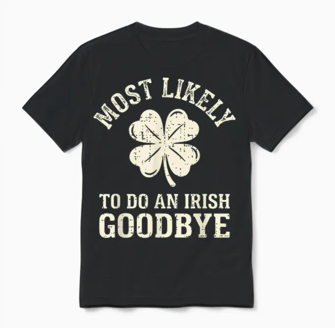 Most Likely to Do an Irish Exit Goodbye Funny St Patricks Unisex T-Shirt in Black