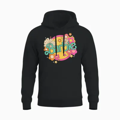 Barbie - Retro Logo with Flowers T-Shirt, Black Unisex Hoodie - Black