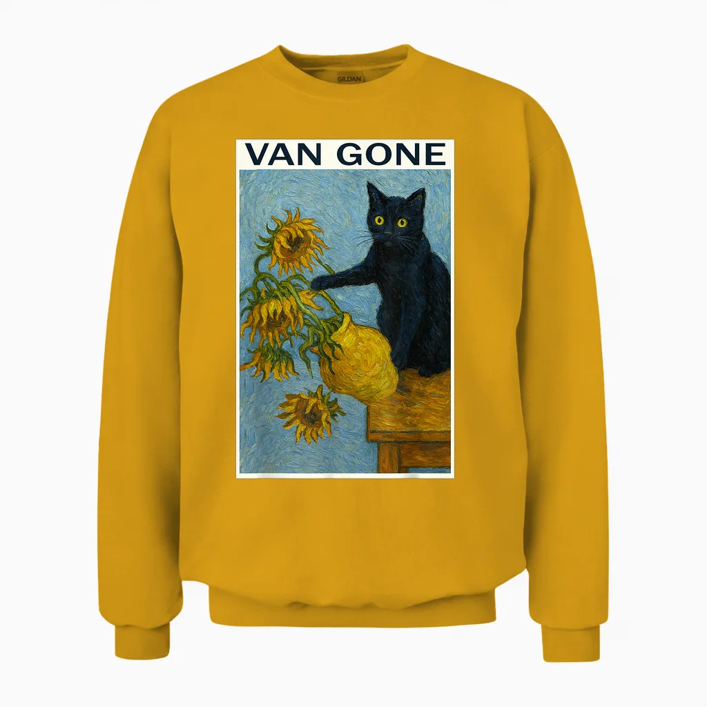 Van Gogh Black Cat with Sunflowers Funny Cat T-Shirt, Black, S Unisex Sweatshirt in Gold
