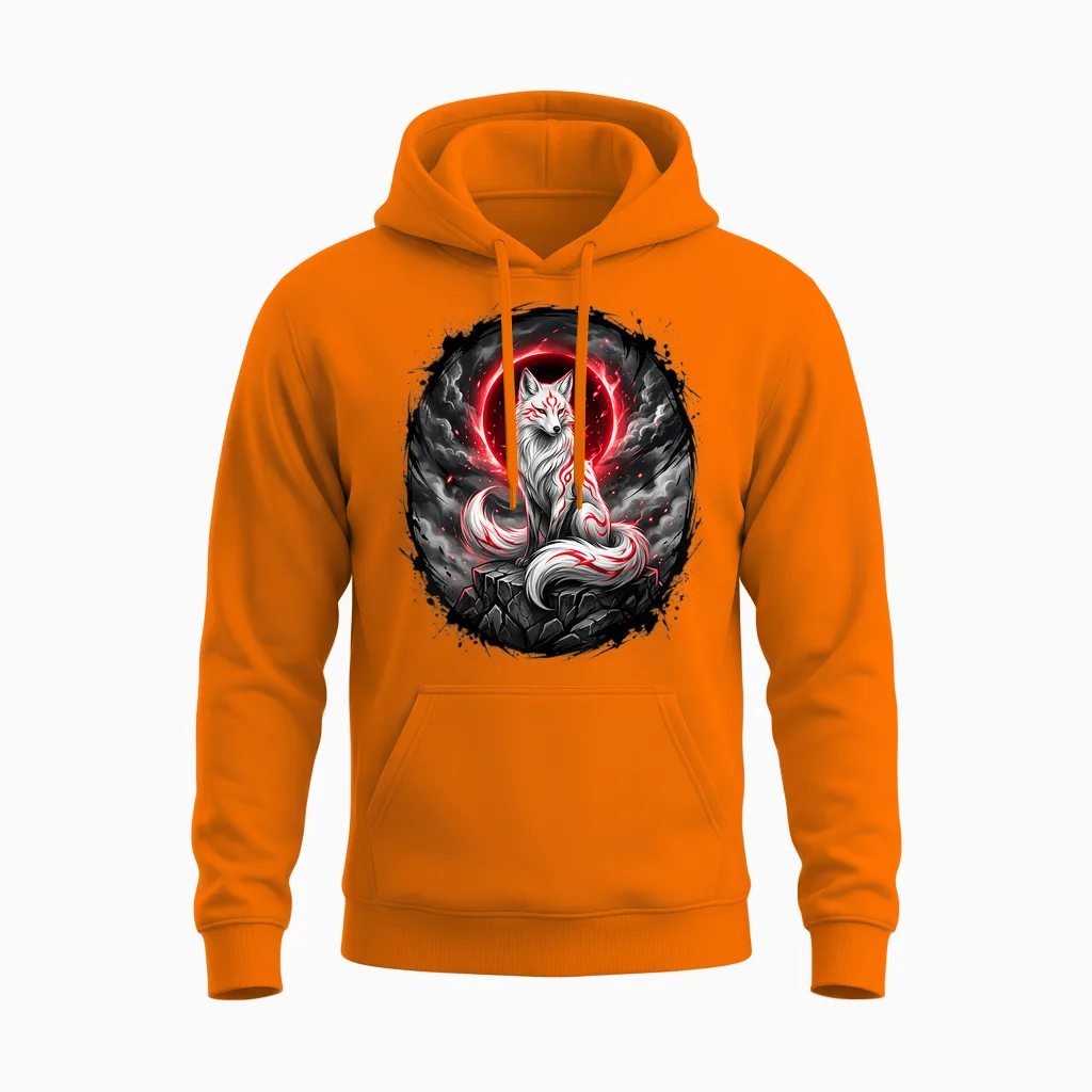 Japanischer Kitsune Wolf Mythologie Design Unisex Hoodie in Safety Orange