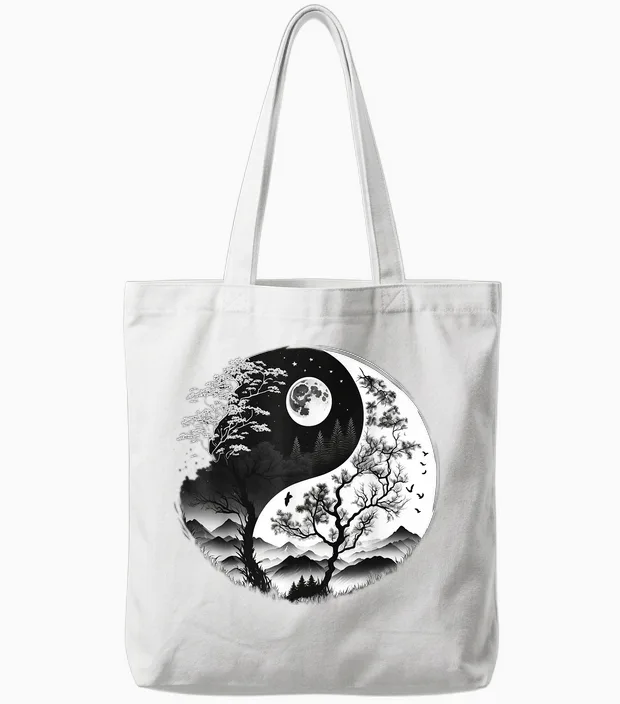 Black and White Yin Yang Symbol on Nature Taijitu Yin Yang T-Shirt, Black Tote Bags in White