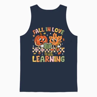 Retro Fall in Love with Learning Autumn Pumpkin Teacher Unisex Tank Top - Navy