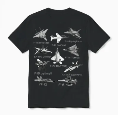 American Fighters Jets F22 Raptor F14 Tomcat Plane Spotting T-Shirt Small Unisex T-Shirt - Black