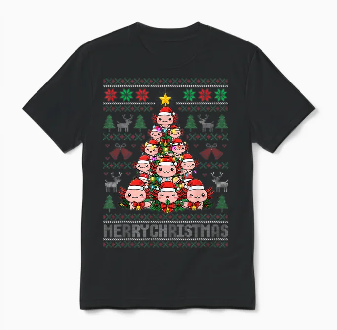 Cute Axolotl Christmas Tree Ugly Sweater Merry Xmas Holiday Unisex T-Shirt in Black