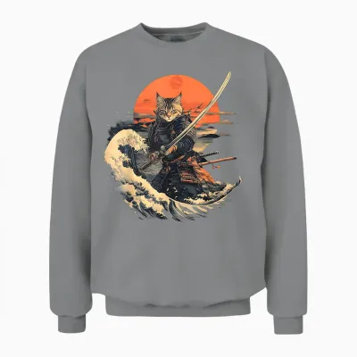 Samurai Cat Graphic Tee Warrior Vintage Japanese Art Anime T-Shirt for Men Women Girls Kids Unisex Sweatshirt - Sport Grey