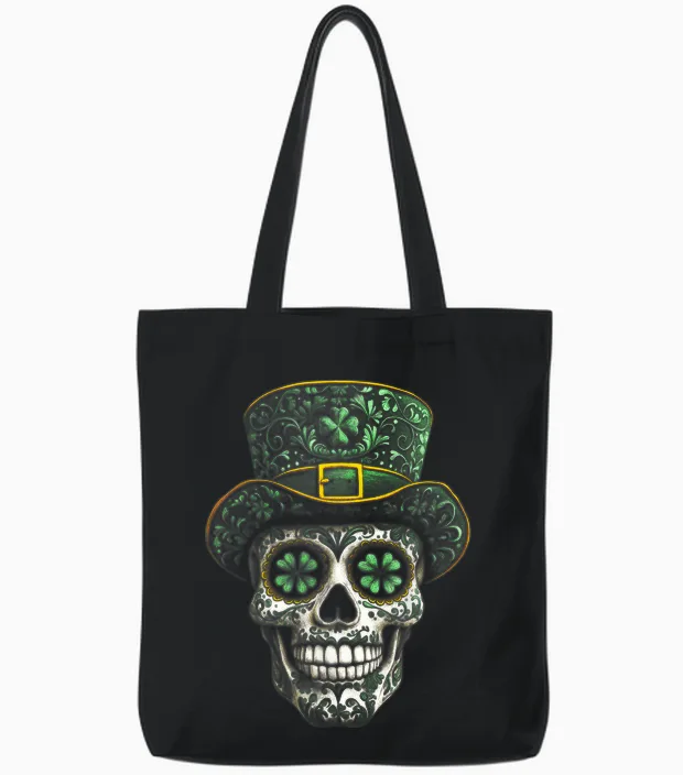 Sugar Skull St Patrick Day of the Dead Lucky Shamrock Clover Tote Bags in Black