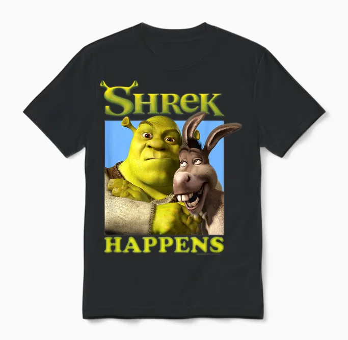 Shrek Happens Donkey Shrek Best Friends Big Chest Poster T-Shirt, Black, S Unisex T-Shirt in Black