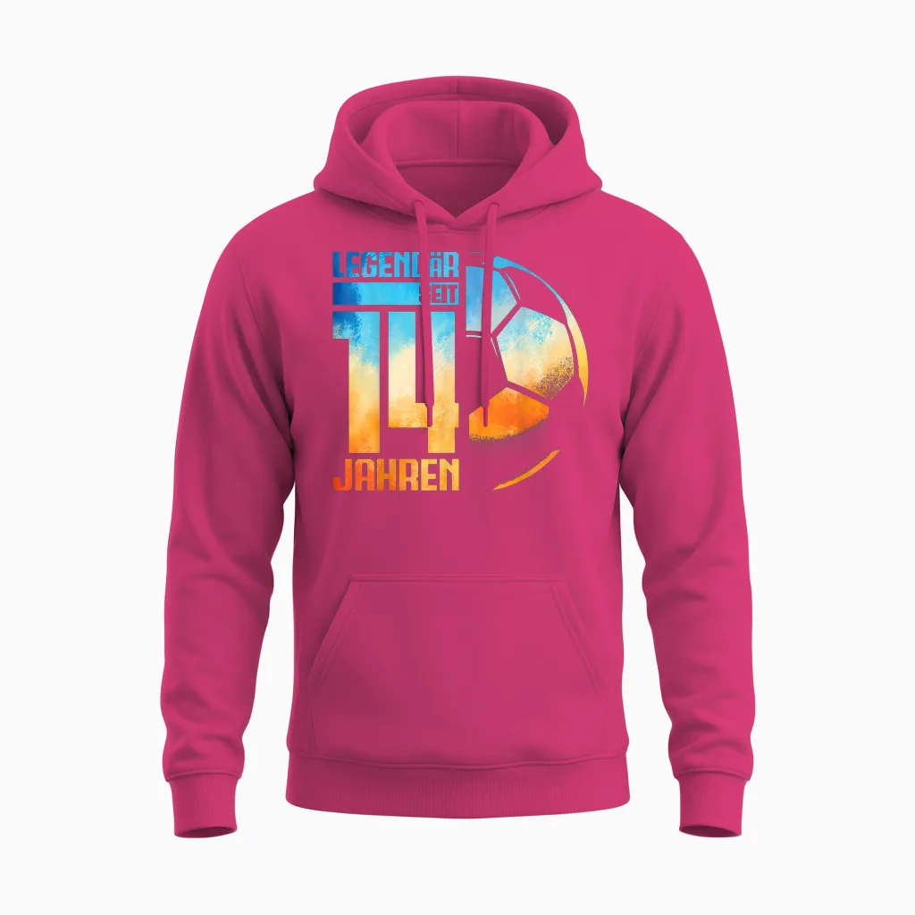 14th Birthday Decoration Football Player 14 Years Boy Teenager T-Shirt, Black Unisex Hoodie in Heliconia