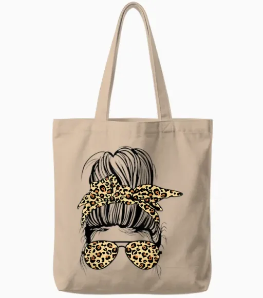 Leopard Mom Life Messy Bun Tote Bags - Natural
