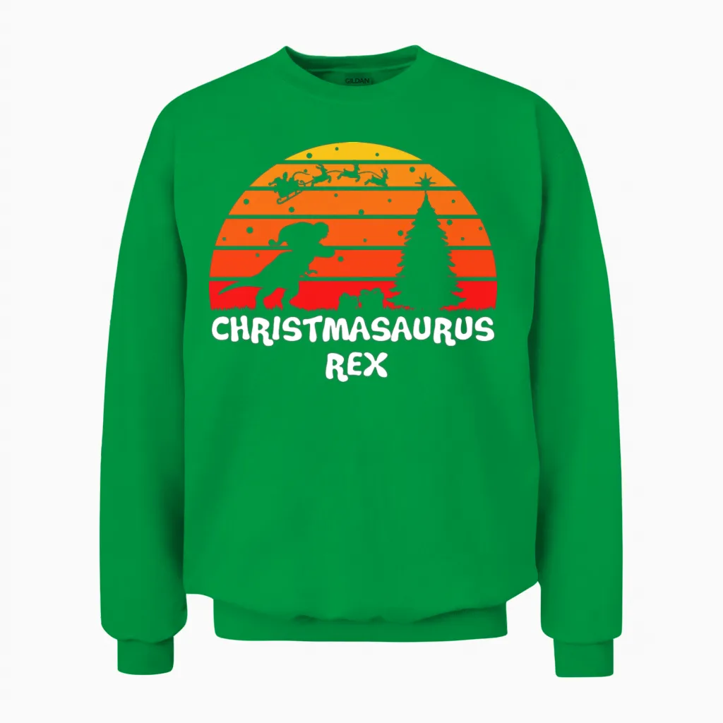 Christmasaurus Rex Retro Sunset Unisex Sweatshirt - Irish Green