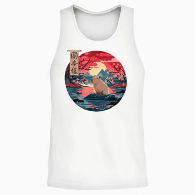 Capybara Vintage Japan Art Japanese Capybara Sunset Unisex Tank Top - White