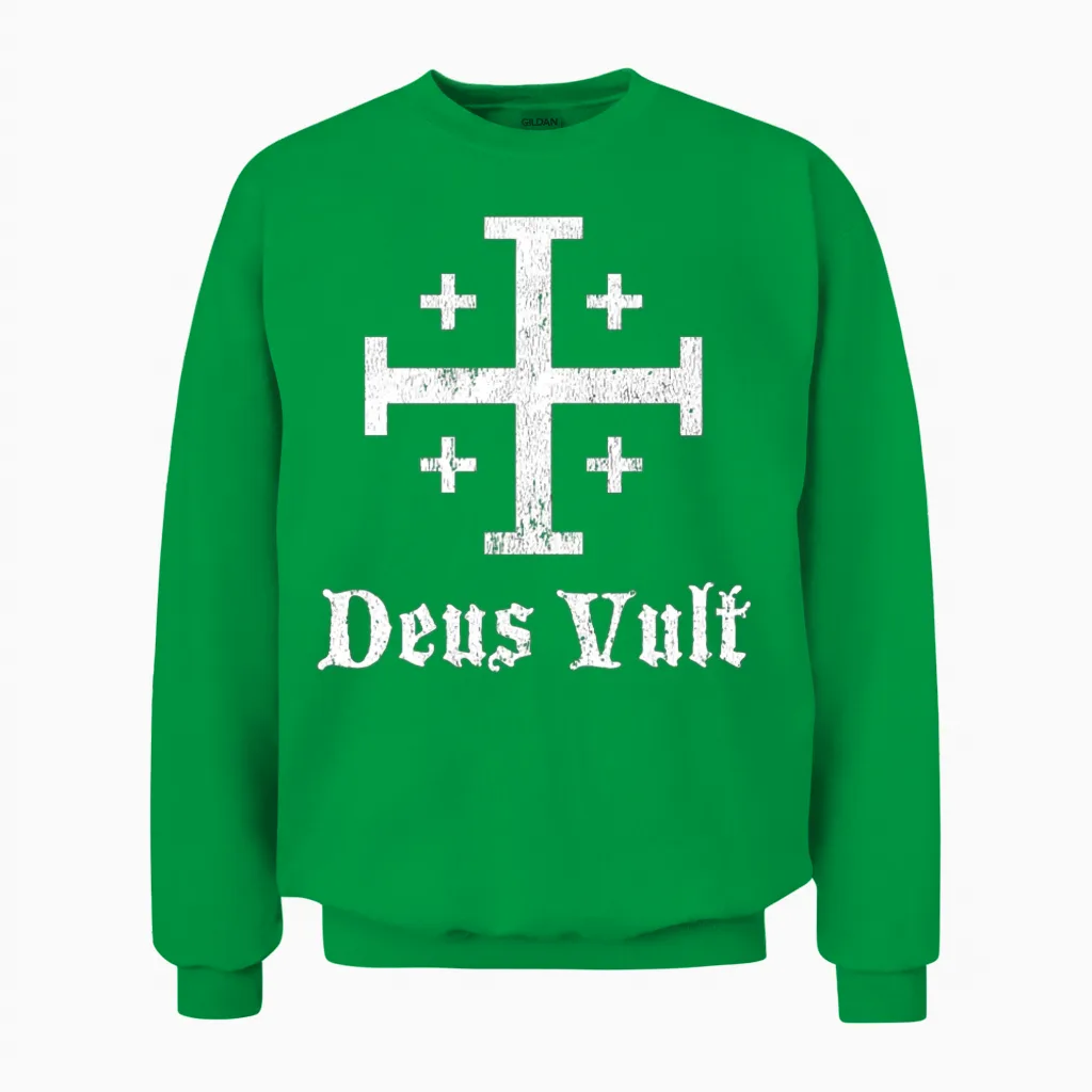 Deus Vult Crusader Shield Cross Unisex Sweatshirt in Irish Green