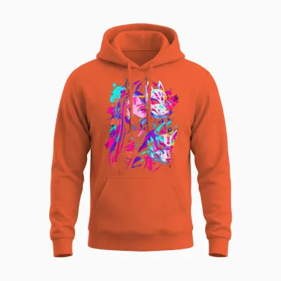 Anime Manga Cyberpunk Aesthetic Techwear Harajuku Kitsune T-Shirt, Black Unisex Hoodie - Orange