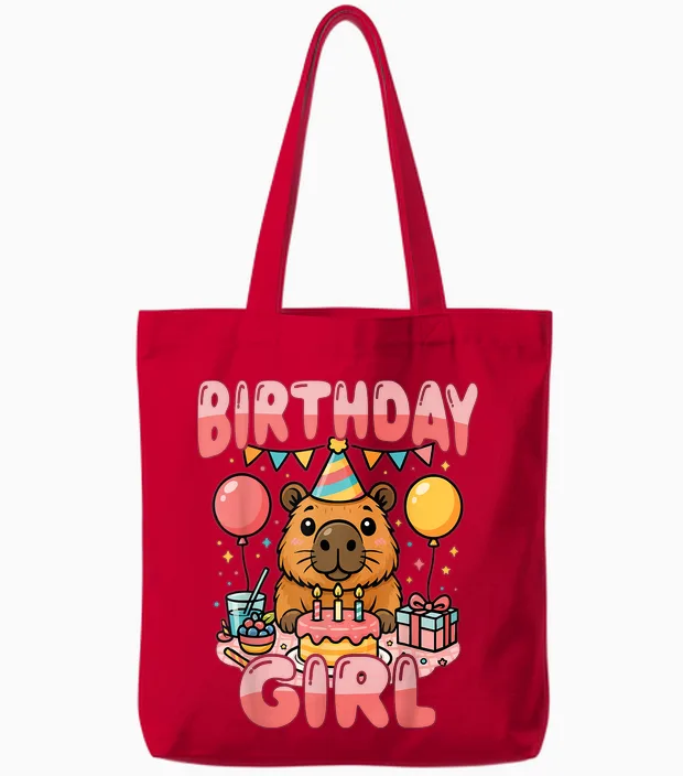 Birthday Girl Capybara Cute Animal Party Tote Bags in Red