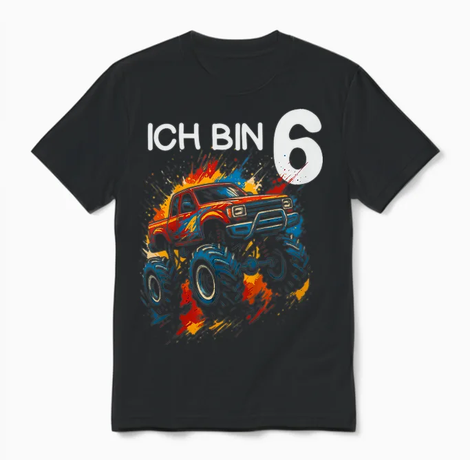Kids I Am 6 Years Boy Girl 6th Birthday Monster Truck Unisex T-Shirt in Black