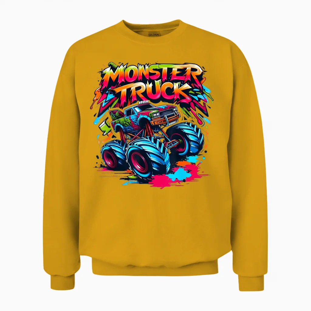 Monster Truck Retro Colorful Graffiti Toddlers Youth Adults Unisex Sweatshirt in Gold