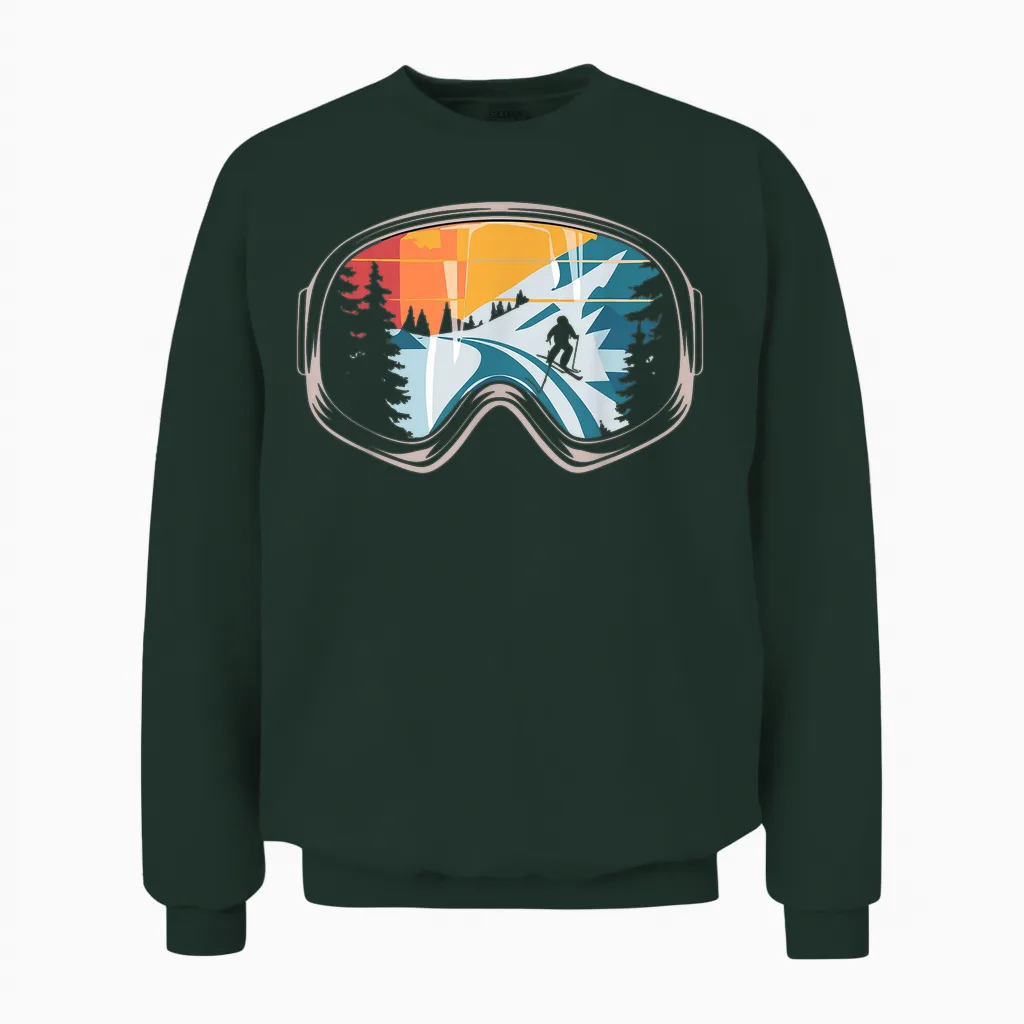 Ski Goggles Retro Skiing Winter Fun for Skiers Apres Ski T-Shirt, Black Unisex Sweatshirt in Forest