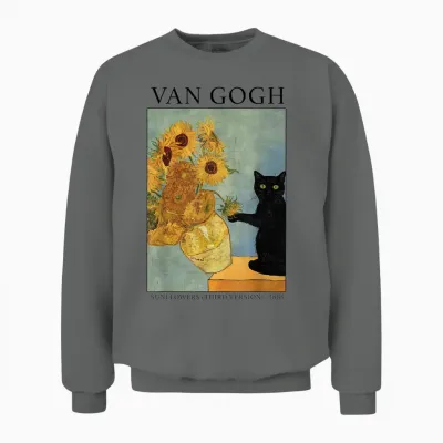 Van Gogh Black Cat with Sunflowers Funny Cat Unisex Sweatshirt - Graphite Heather