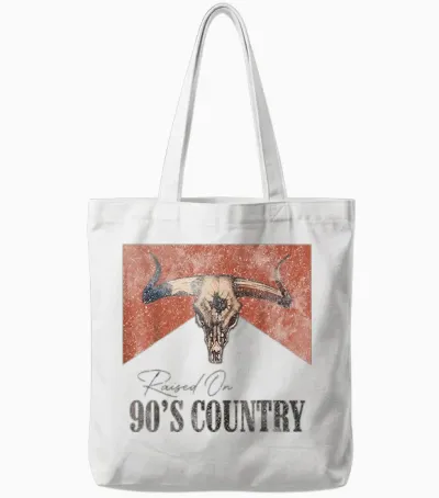 Vintage Western Bull Skull Raised on 90's Country Music Tote Bags - White